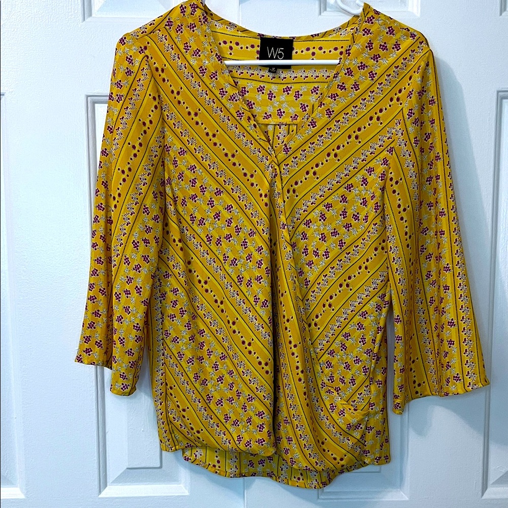 W5 Anthropologie‎ Yellow Blouse Purple Flowers 3/4 Sleeve Wrap Top Size S
